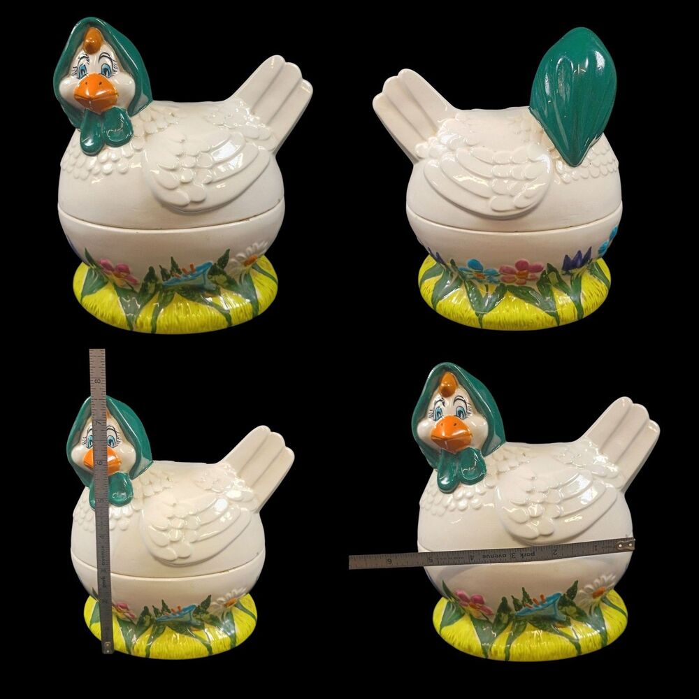Vintage Chiken In Bonnet Floral Multicolor Cookie Jar With Lid 8" Signed